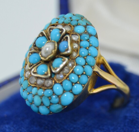 Unusual Victorian Pave Turquoise & Pearl Flower R… - image 3