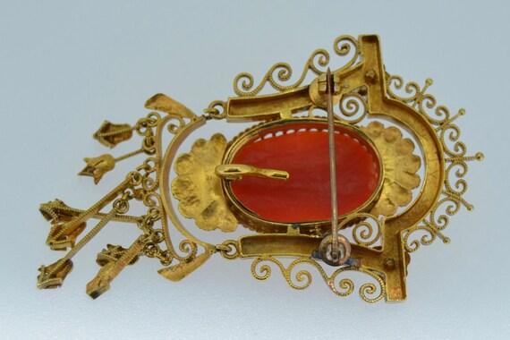 18K Victorian Etruscan Revival Coral Cameo Brooch - image 7