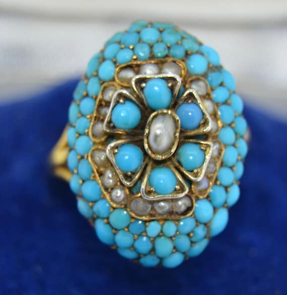 Unusual Victorian Pave Turquoise & Pearl Flower Ri