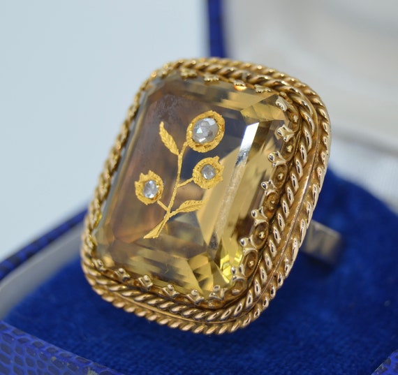 Victorian 14K Rose Cut Diamond Citrine Ring - image 1