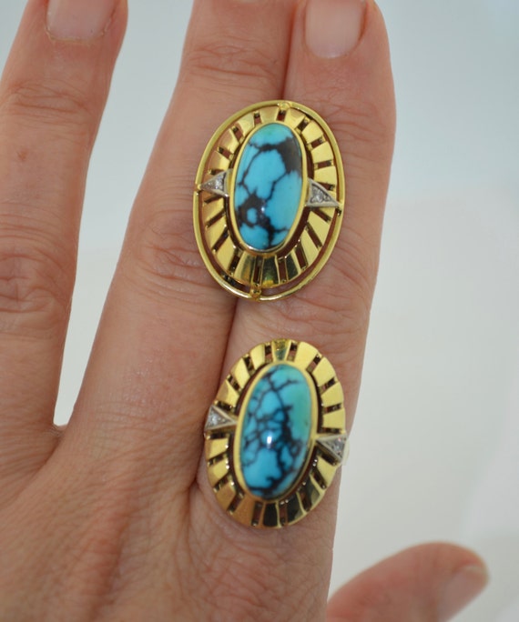 Retro 14K Spider Turquoise & Diamond Ring - image 4