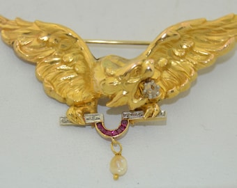 Duża broszka Griffin z 18-karatowego diamentu i rubinu w stylu Art Nouveau