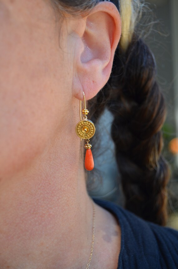 Etruscan Revival 14K Coral Drop Earrings - image 6