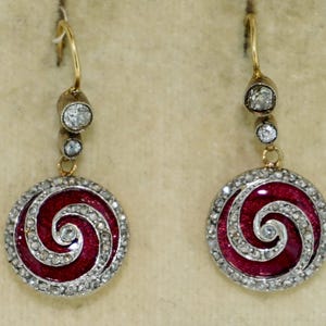 Glorious French Victorian 18K RED Enamel & Diamond Earrings