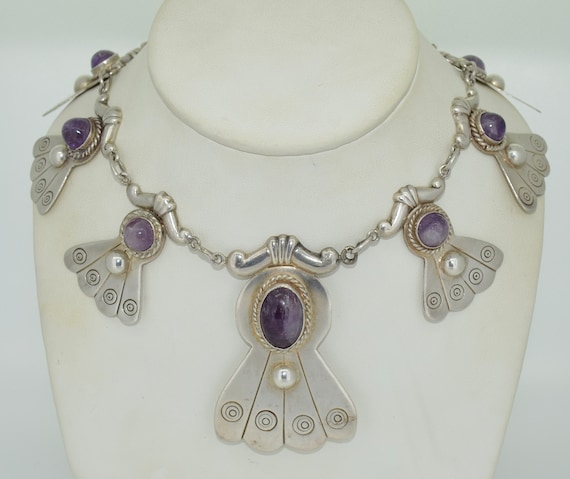 Mexican Sterling Silver with Amethyst Necklace & … - image 1