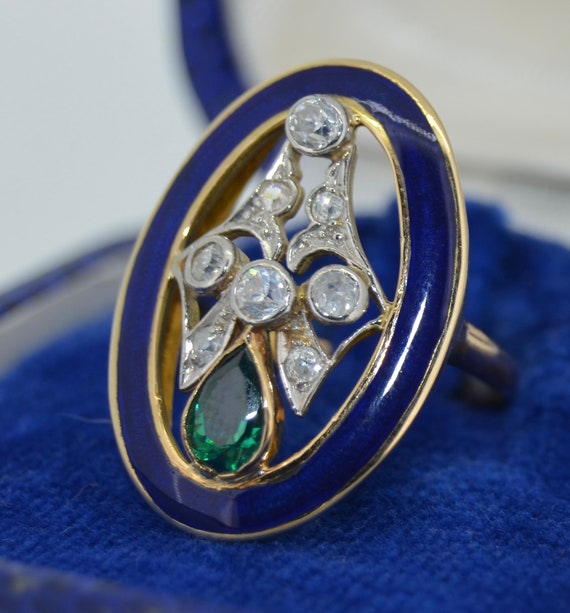Art Deco 18K Green Tourmaline Diamond & Enamel Ri… - image 4