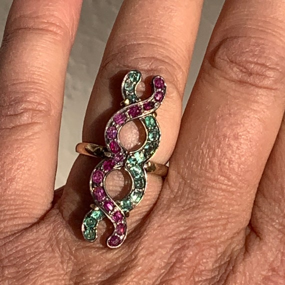 Victorian 14K & Sterling Emerald and Ruby DNA Ring - image 2