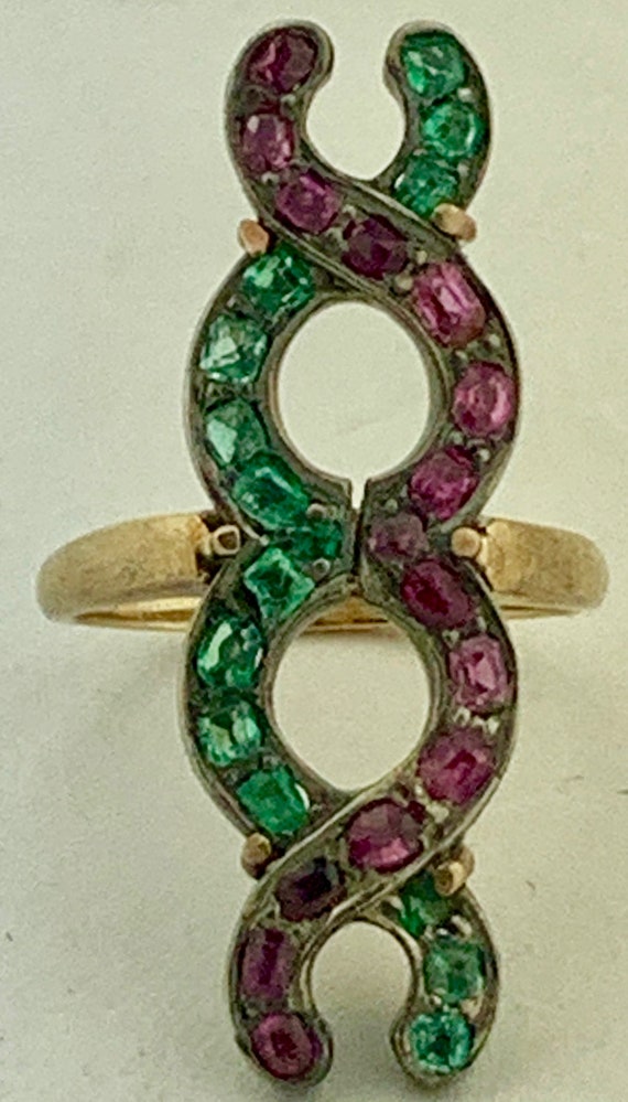 Victorian 14K & Sterling Emerald and Ruby DNA Ring - image 6