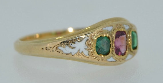 Victorian 14K White Enamel Garnet and Emerald Ring - image 2
