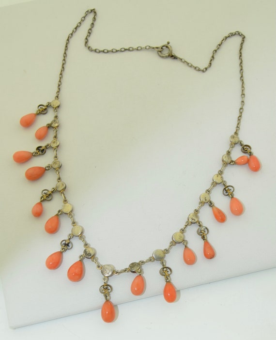 Victorian 800 Gilt Silver Coral Ring Drop Necklace - image 8