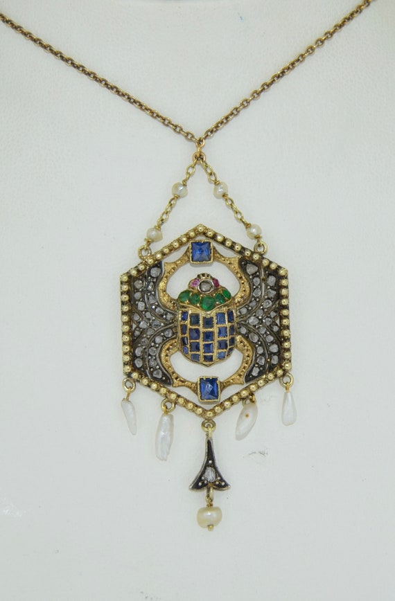 Antique Egyptian Revival 14k Jeweled Scarab Neckla