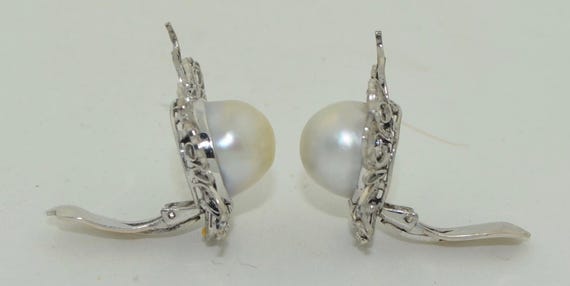 14K White Gold 13mm Pearl & Filigree Clip on Earr… - image 10