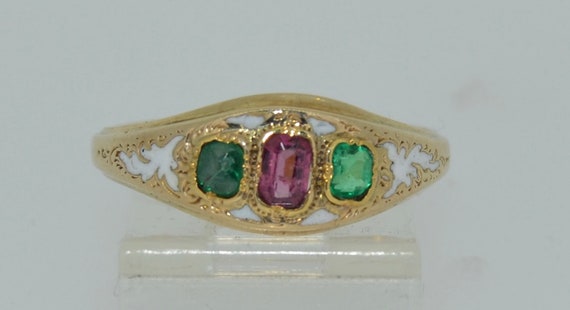 Victorian 14K White Enamel Garnet and Emerald Ring - image 9