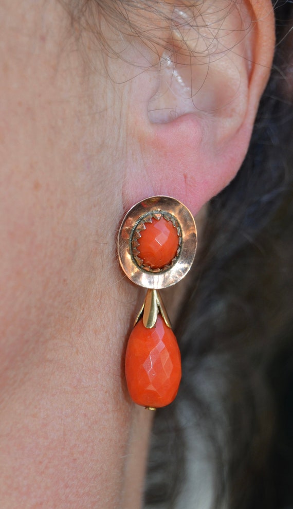 Antique 14K Faceted Coral Drop Day & Night Earring