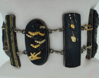 Bracciale antico Shakudo Kashira in metallo misto con argento sterling
