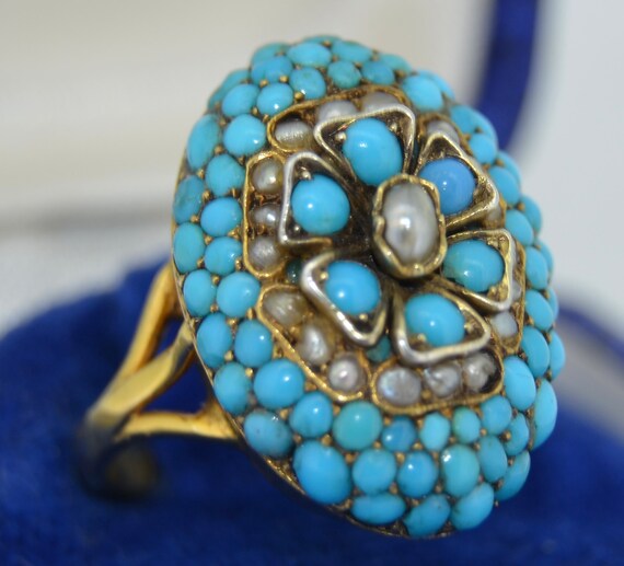 Unusual Victorian Pave Turquoise & Pearl Flower R… - image 5