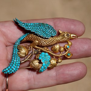 Antique 18K Pave Turquoise & Ruby French Bird Brooch