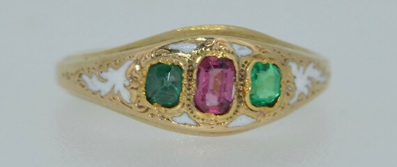 Victorian 14K White Enamel Garnet and Emerald Ring - image 4