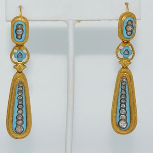 Exceptional Georgian 18K Rose Cut Diamond Enamel on Porcelain Earrings