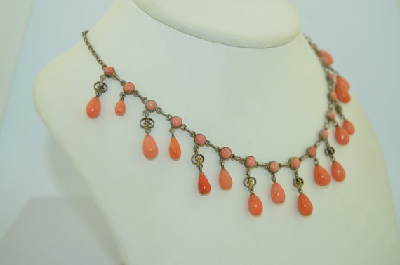 Victorian 800 Gilt Silver Coral Ring Drop Necklace - image 9