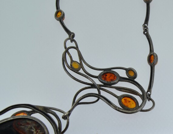 Mid Century Sterling Silver Amber & Jasper Neckla… - image 8