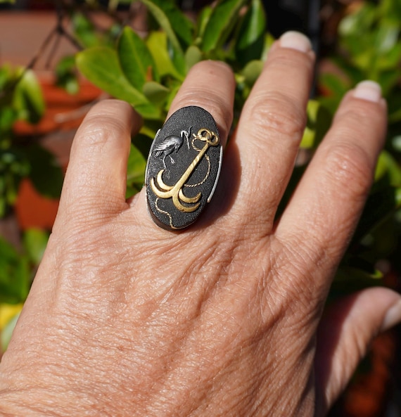 Fabulous 14K Kashira Shakudo Anchor & Egret Ring - Etsy