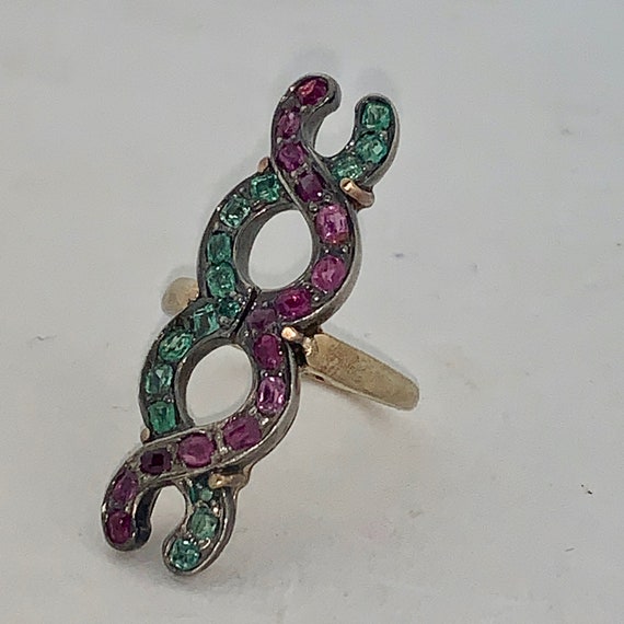 Victorian 14K & Sterling Emerald and Ruby DNA Ring - image 7