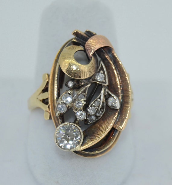 Stunning 14k Art Nouveau & Diamond Cocktail Ring - image 1