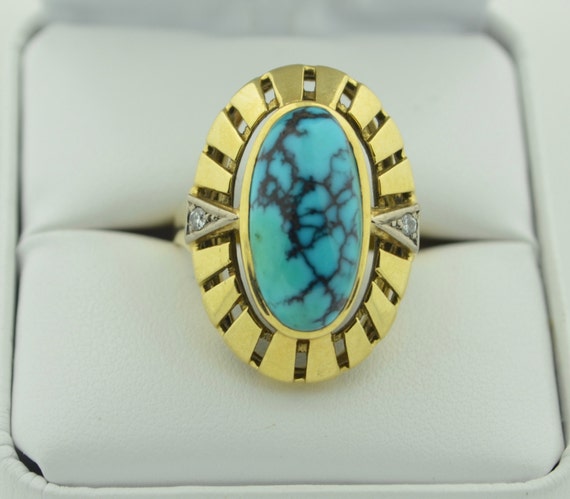Retro 14K Spider Turquoise & Diamond Ring - image 1