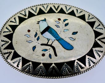 Fibbia per cintura Navajo Benjamin Becenti in argento sterling con intarsio di ghiandaia azzurra, nativa americana