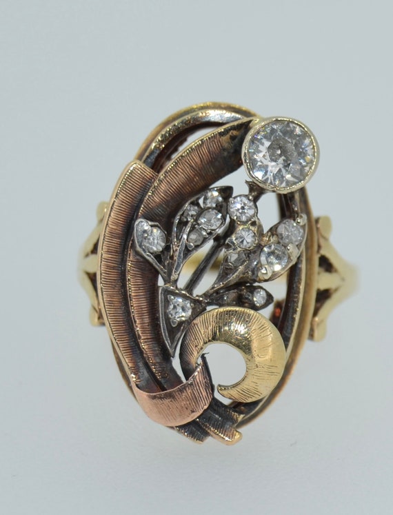 Stunning 14k Art Nouveau & Diamond Cocktail Ring - image 8