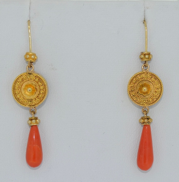 Etruscan Revival 14K Coral Drop Earrings - image 1
