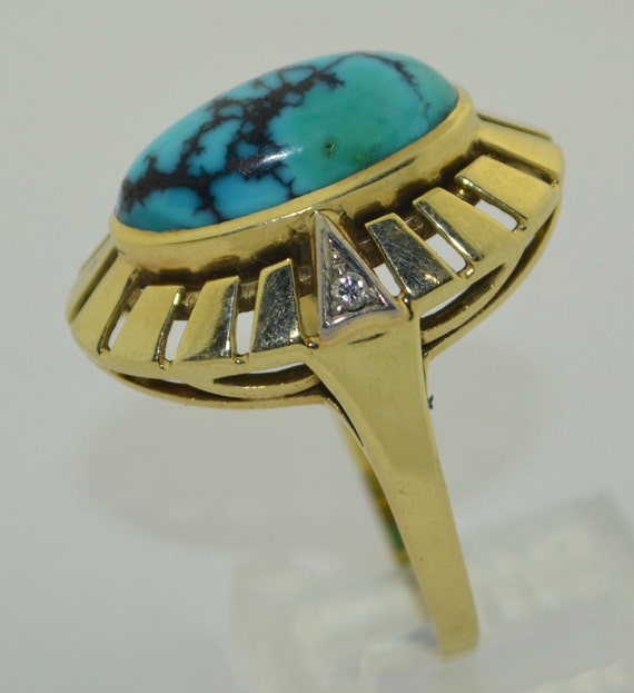 Retro 14K Spider Turquoise & Diamond Ring - image 3