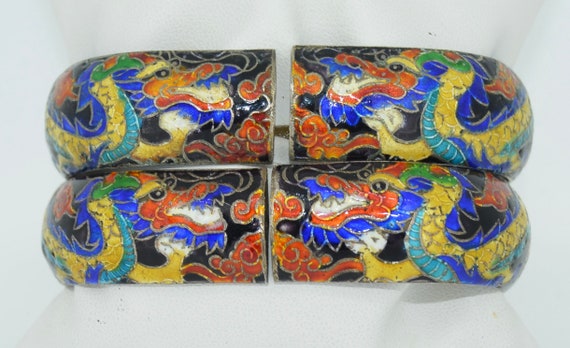 2 Sterling Silver Cloisonne Enamel Chinese Dragon… - image 9