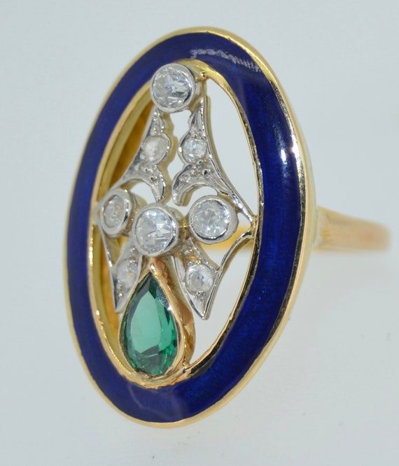 Art Deco 18K Green Tourmaline Diamond & Enamel Ri… - image 3