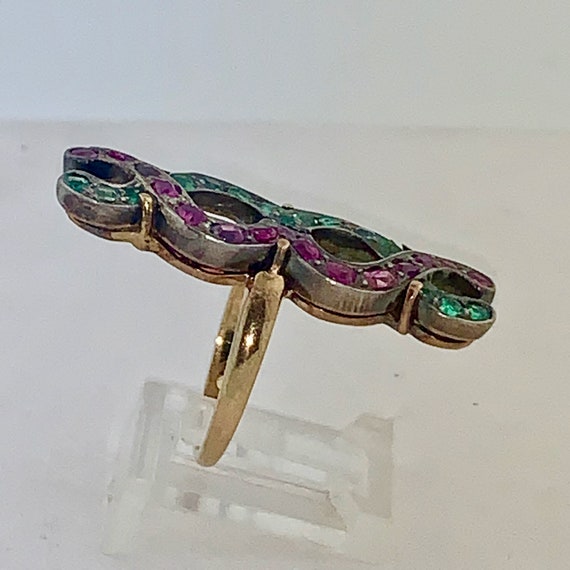 Victorian 14K & Sterling Emerald and Ruby DNA Ring - image 4