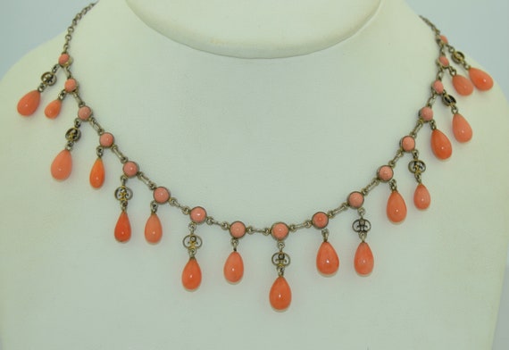 Victorian 800 Gilt Silver Coral Ring Drop Necklace - image 1