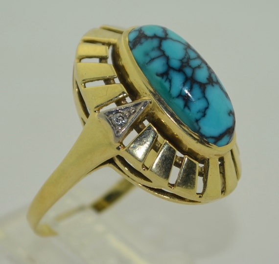 Retro 14K Spider Turquoise & Diamond Ring - image 2