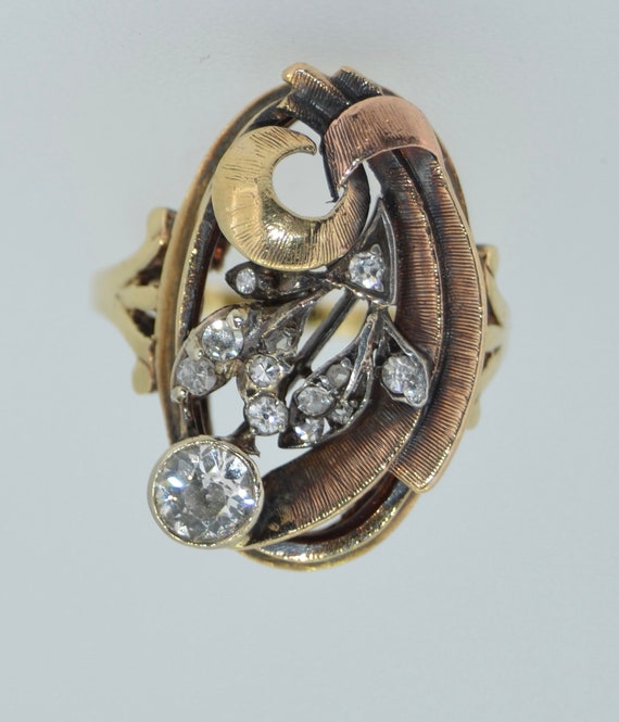 Stunning 14k Art Nouveau & Diamond Cocktail Ring - image 2