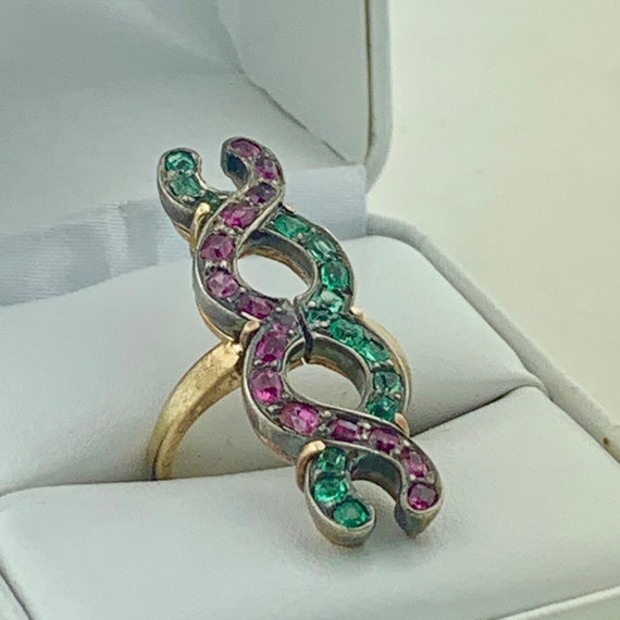 Victorian 14K & Sterling Emerald and Ruby DNA Ring - image 5