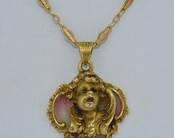 Art Nouveau 14K Plique a Jour Cherub Pendant