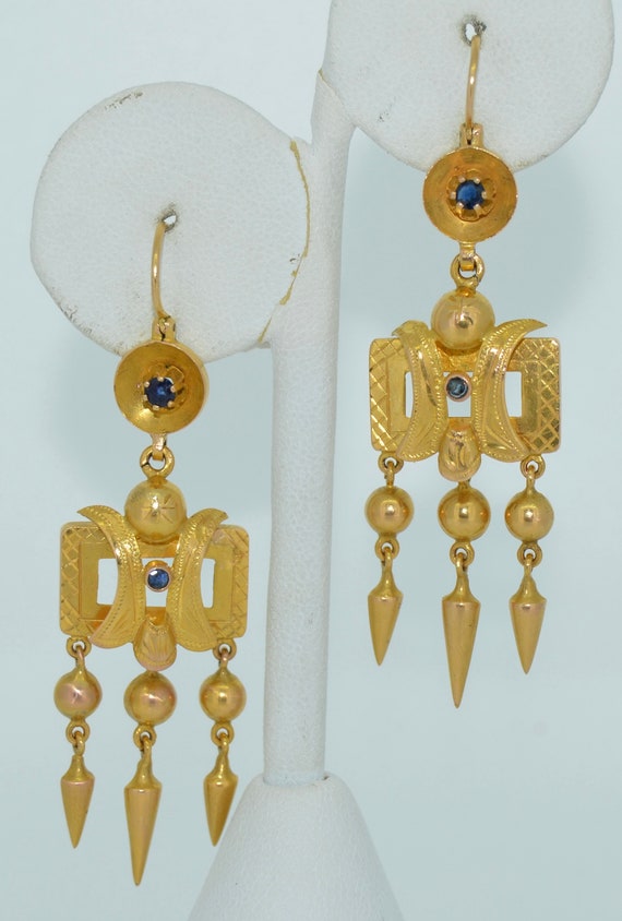Antique 15K Yellow Gold & Sapphire Earrings