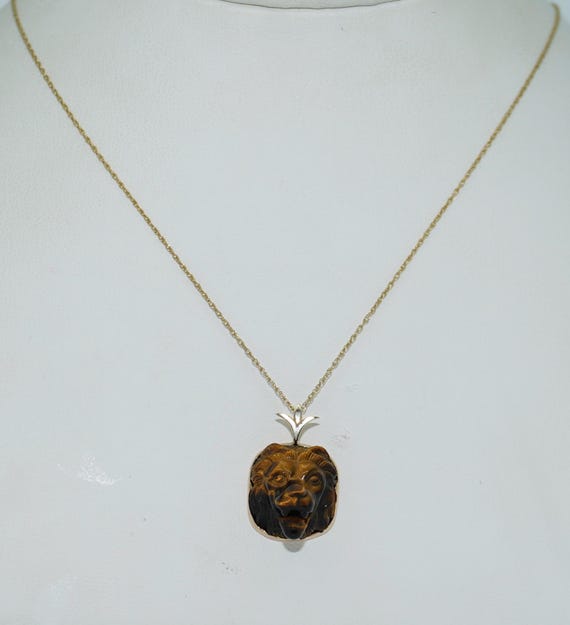 14K 手彫りタイガーアイ ライオンヘッドペンダントとチェーン - Etsy 日本
