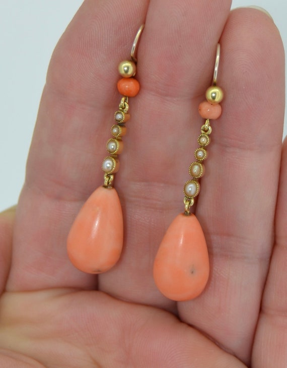 Victorian 14K Coral and Pearl Drop Earrings
