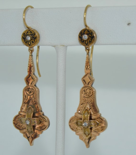 Victorian Diamond & Enamel 12K Earrings - image 2