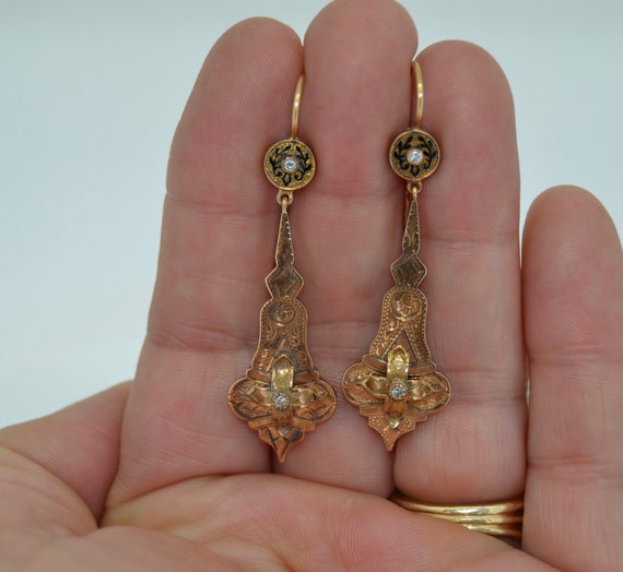 Victorian Diamond & Enamel 12K Earrings - image 10