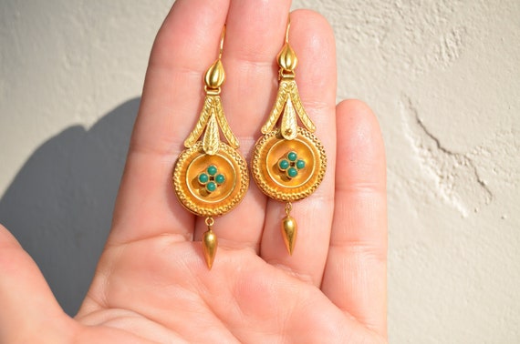 14K & Turquoise Lengthy Dangle Victorian Earrings