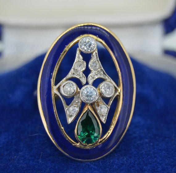 Art Deco 18K Green Tourmaline Diamond & Enamel Ri… - image 5