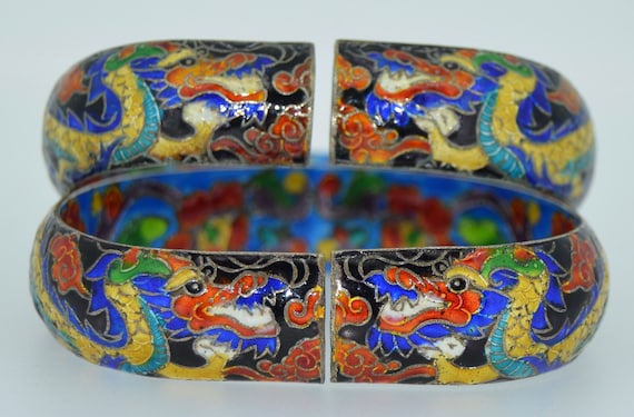 2 Sterling Silver Cloisonne Enamel Chinese Dragon… - image 1