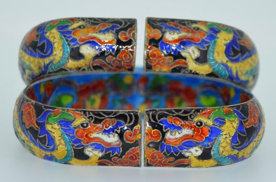 2 Sterling Silver Cloisonne Enamel Chinese Dragon Bracelets